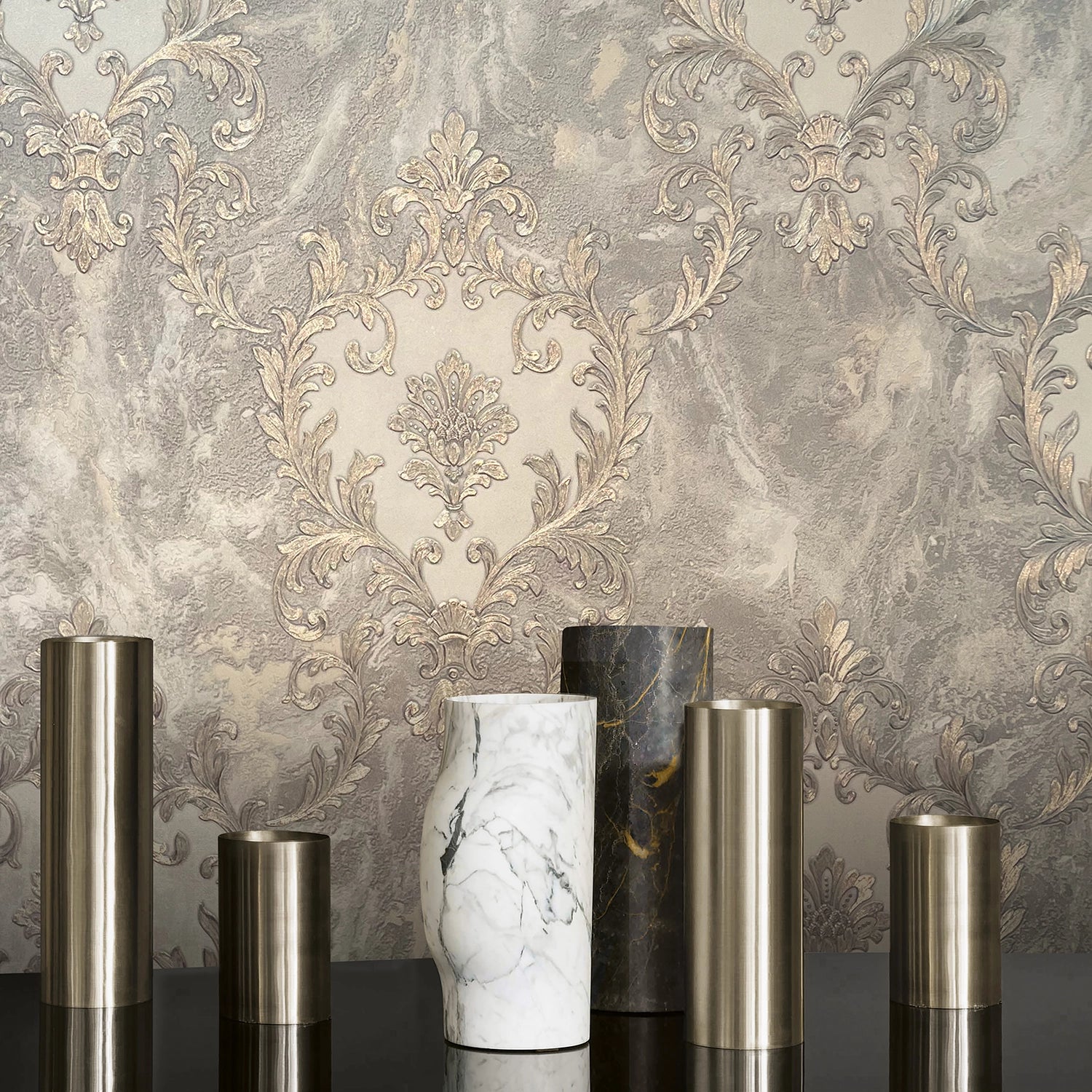 534351 Sienna Damask Grey Wallpaper by Rasch