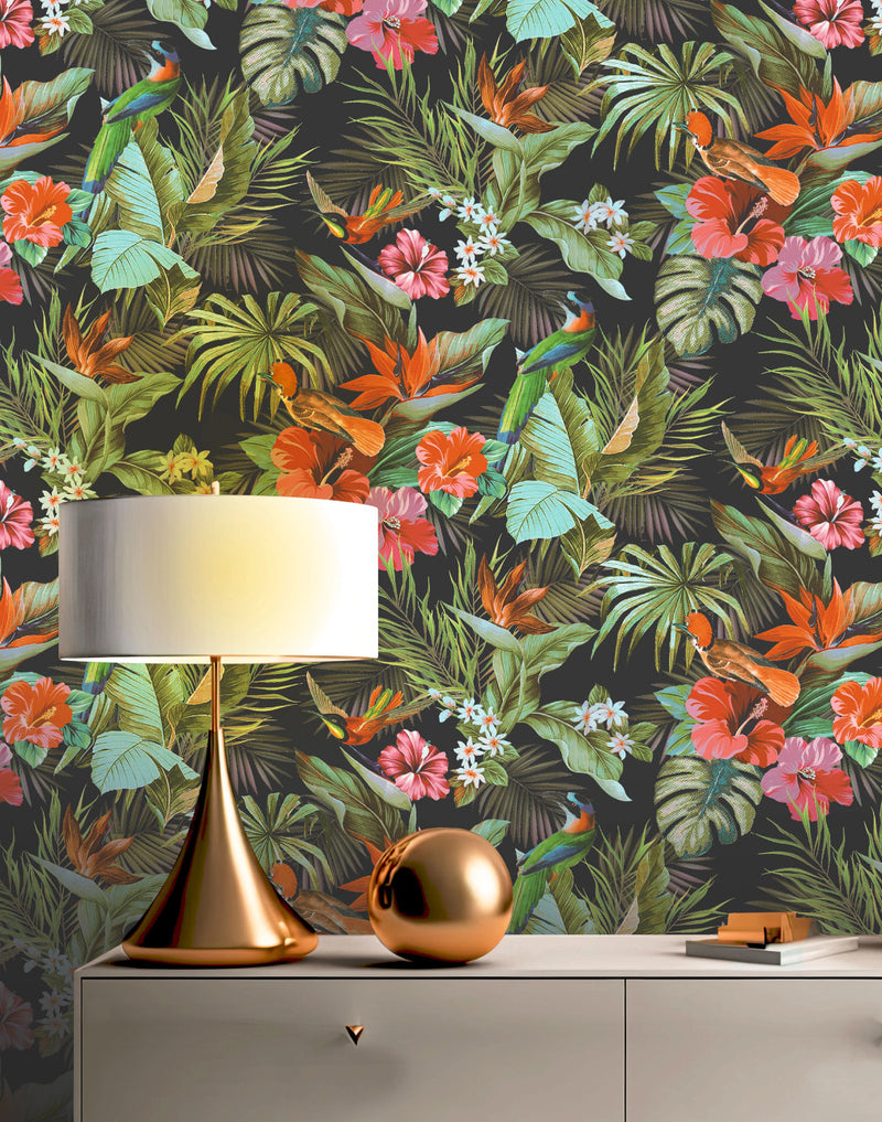 539059 Paradise Birds Black Multi Vasari Wallpaper by Rasch