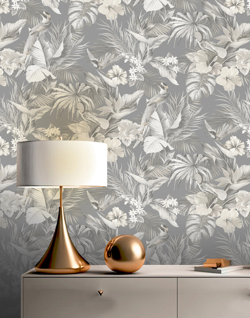 539073 Paradise Birds Grey Vasari Wallpaper by Rasch