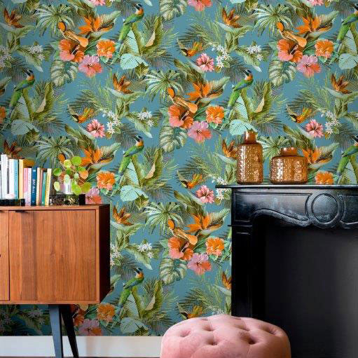 539097 Paradise Birds Teal Vasari Wallpaper by Rasch