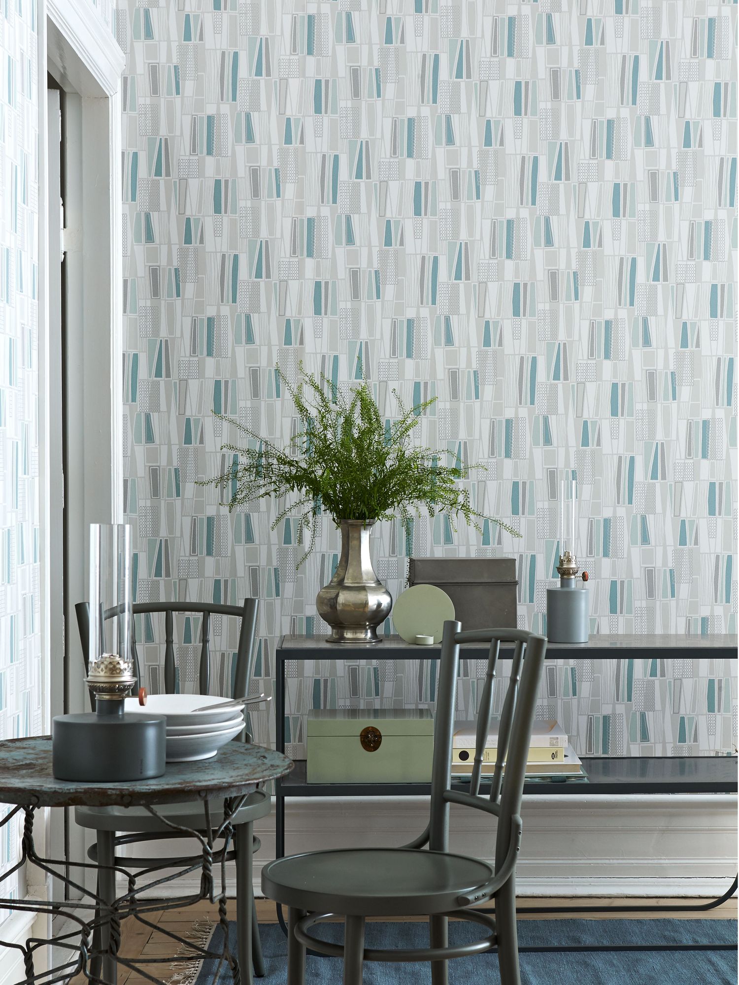 5470 Retro Blue and Grey Alla Tiders Hus Wallpaper by Boråstapeter