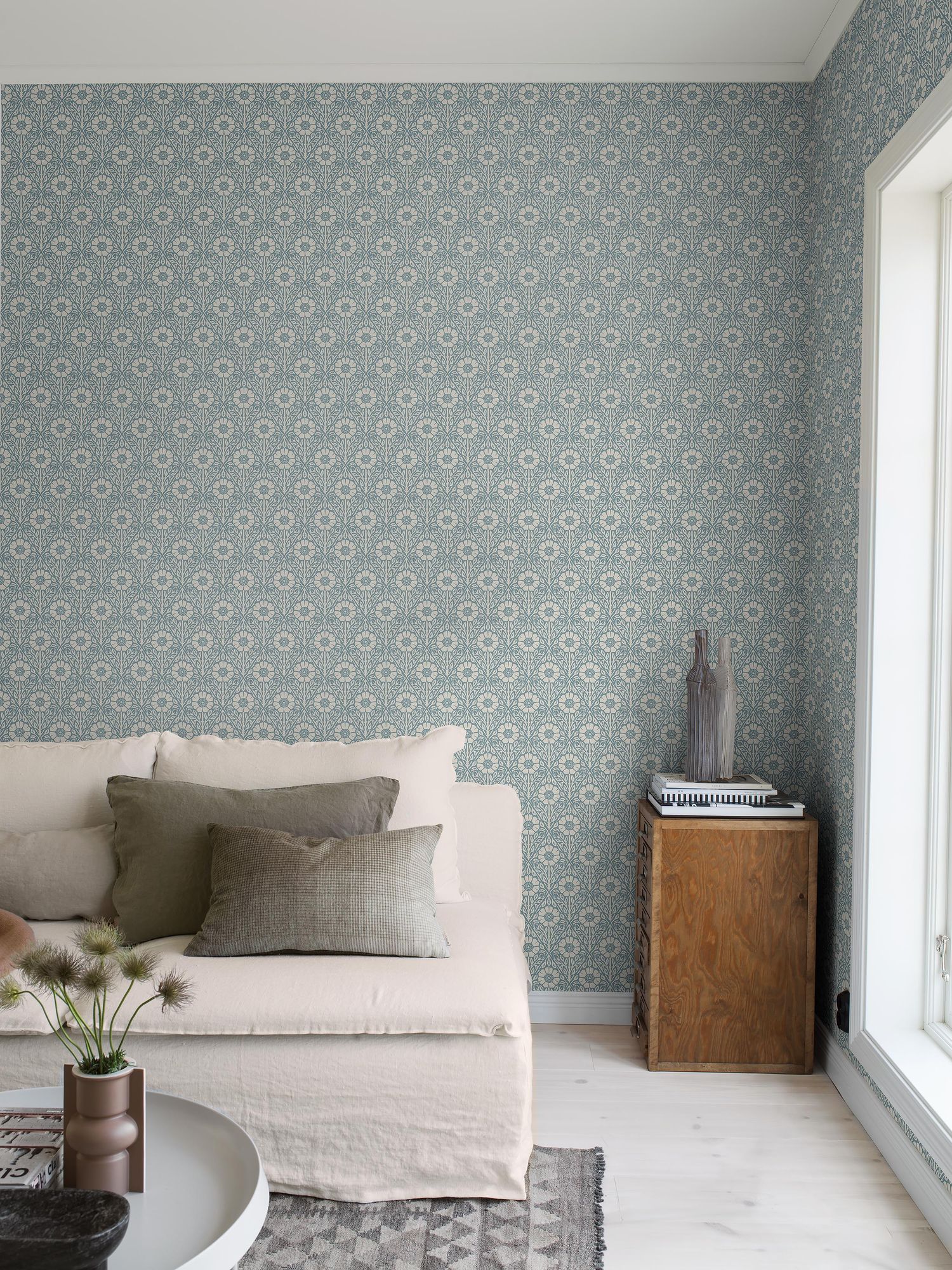5813 Nyponros Blue and Grey Wallpaper by Boråstapeter
