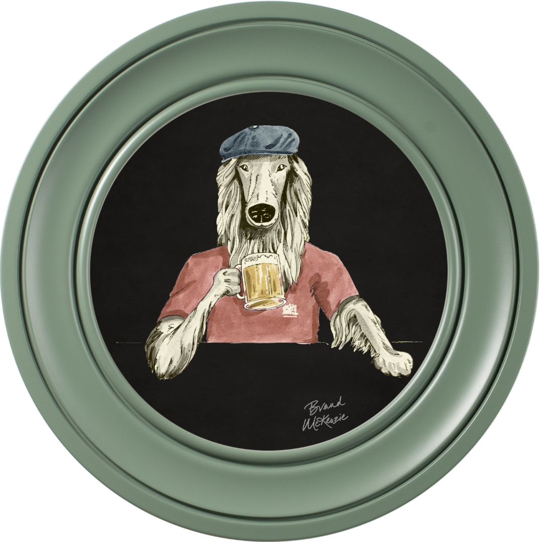 Happy Hour Bruce on Charcoal Black Framed Art Prints by Brand McKenzie