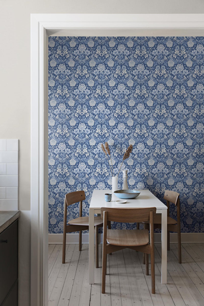 6141 Dahlia Garden Dark Blue and White Blue & White Wallpaper by Boråstapeter