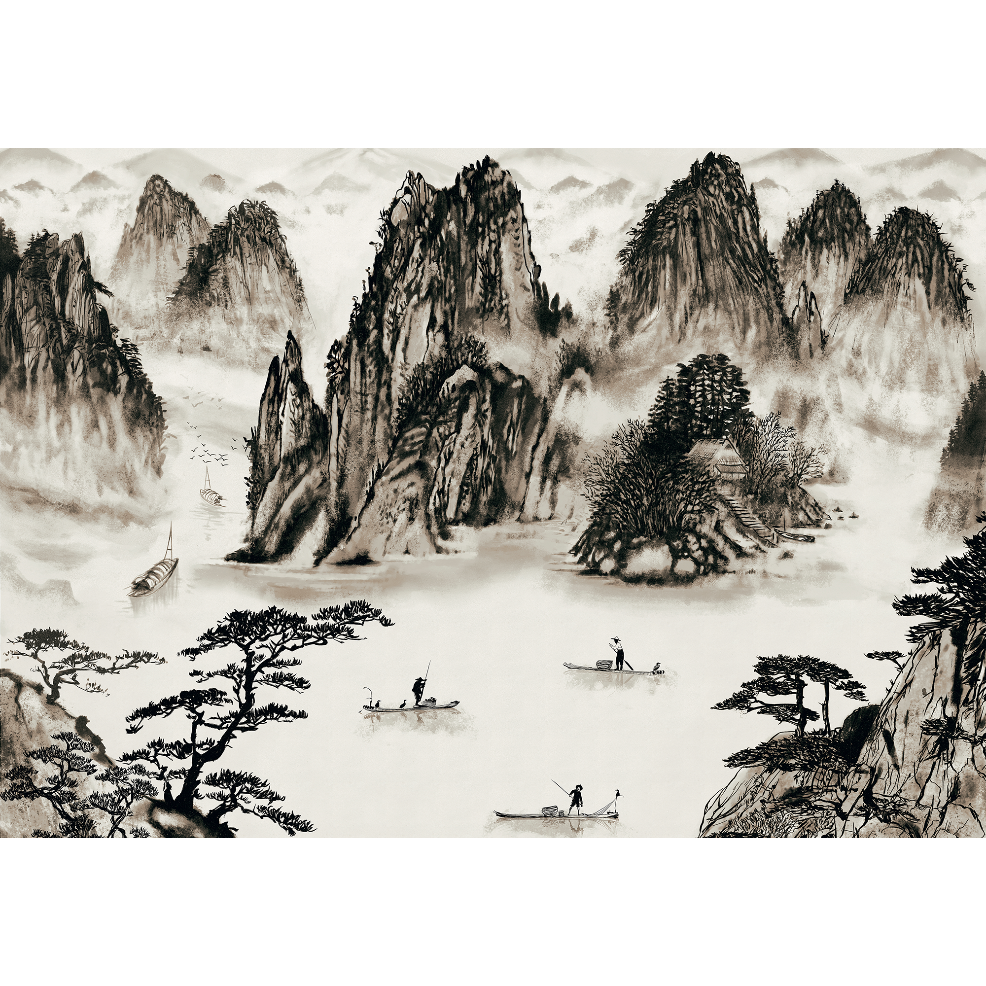 Sumi Coal Random Chinoiseries II Mural by Coordonné (400x280cm)