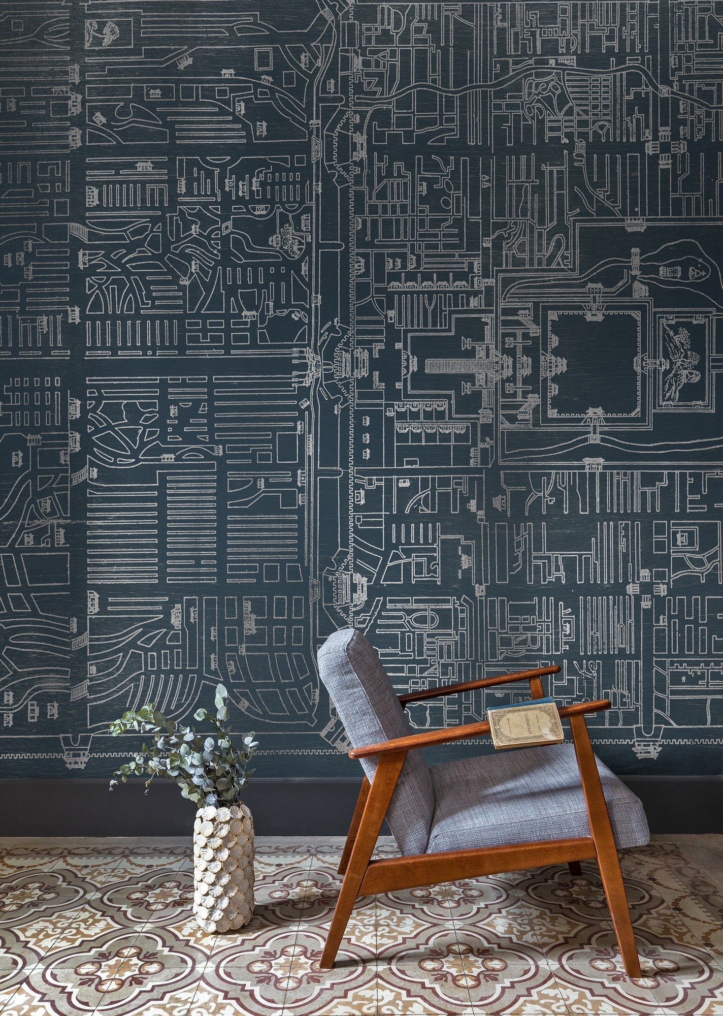 6800304 Old Beiging Map Dark Blue Random Papers II Mural by Coordonné