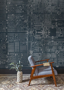6800304 Old Beiging Map Dark Blue Random Papers II Mural by Coordonné
