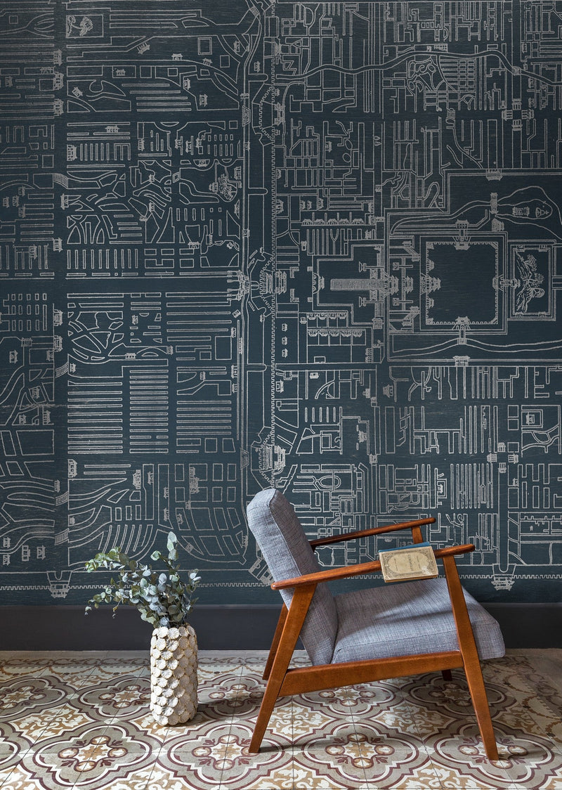 6800304 Old Beiging Map Dark Blue Random Papers II Mural by Coordonné