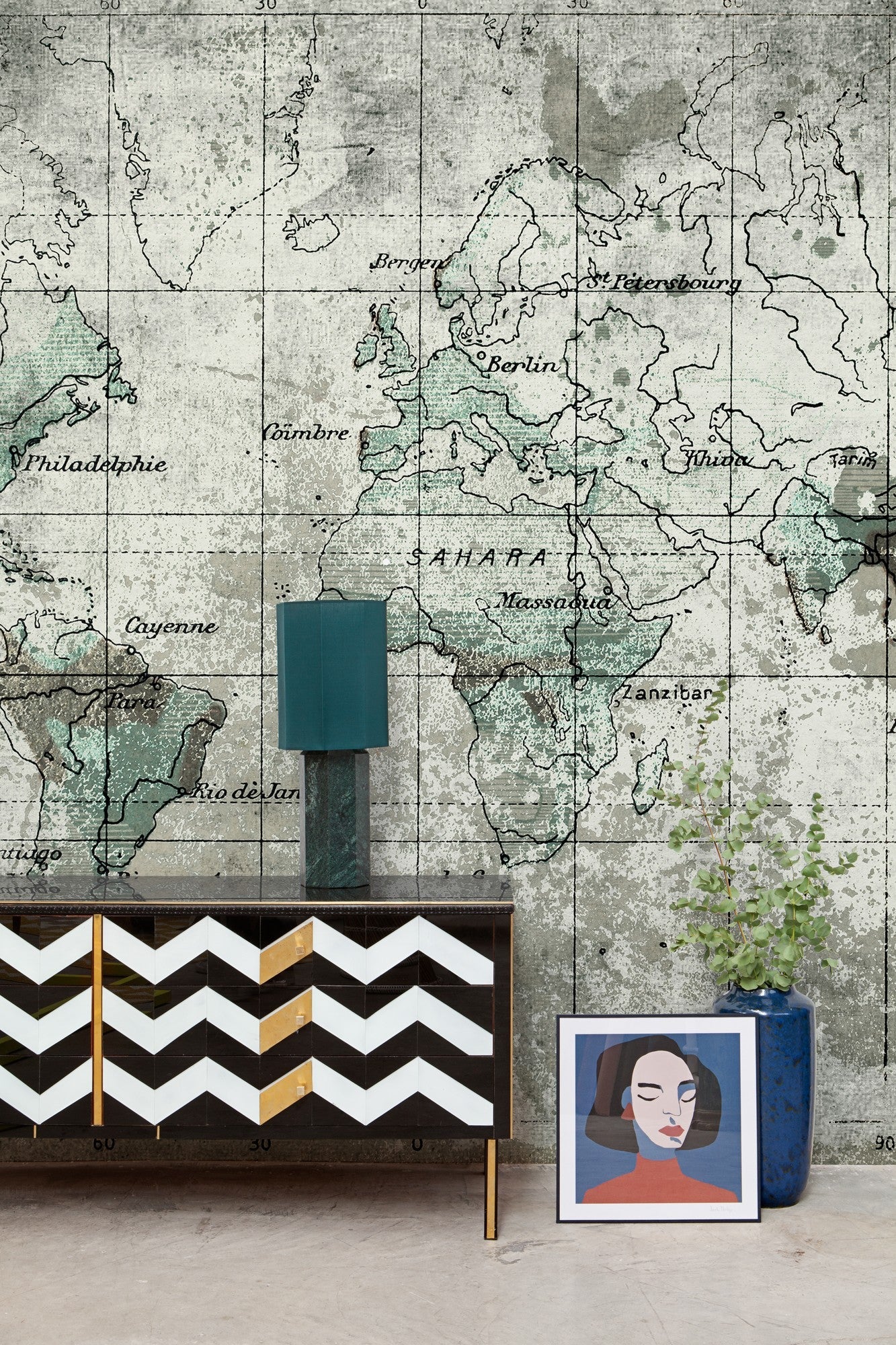 6800305 Old Map Blue Random Papers II Mural by Coordonné
