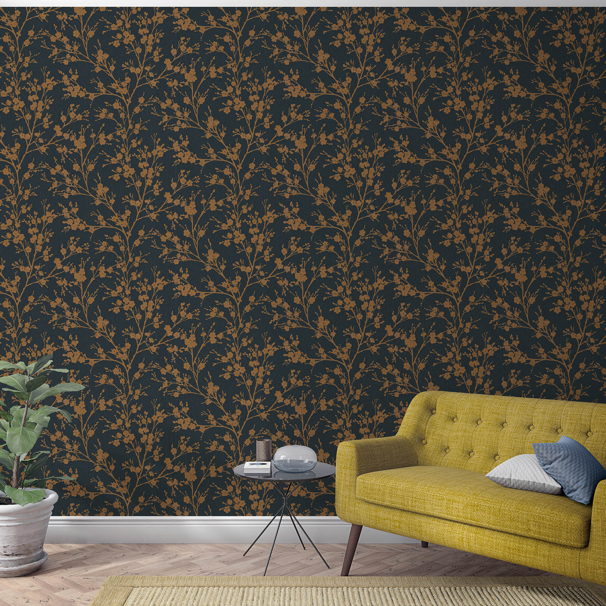 6812-50 Floral Nature Home Black and Gold Wallpaper By Galerie