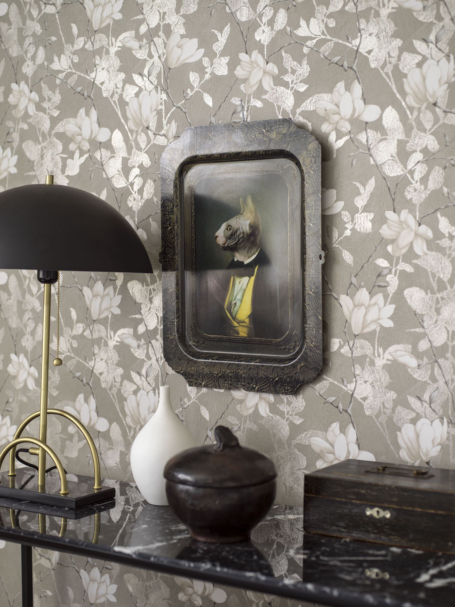 7227 Lily Tree Dark Grey and Beige Adorn Wallpaper by Boråstapeter