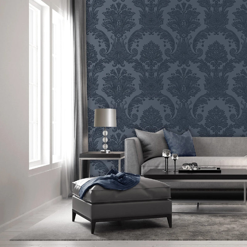 7371 Amara Navy Damask Wallpaper By Belgravia