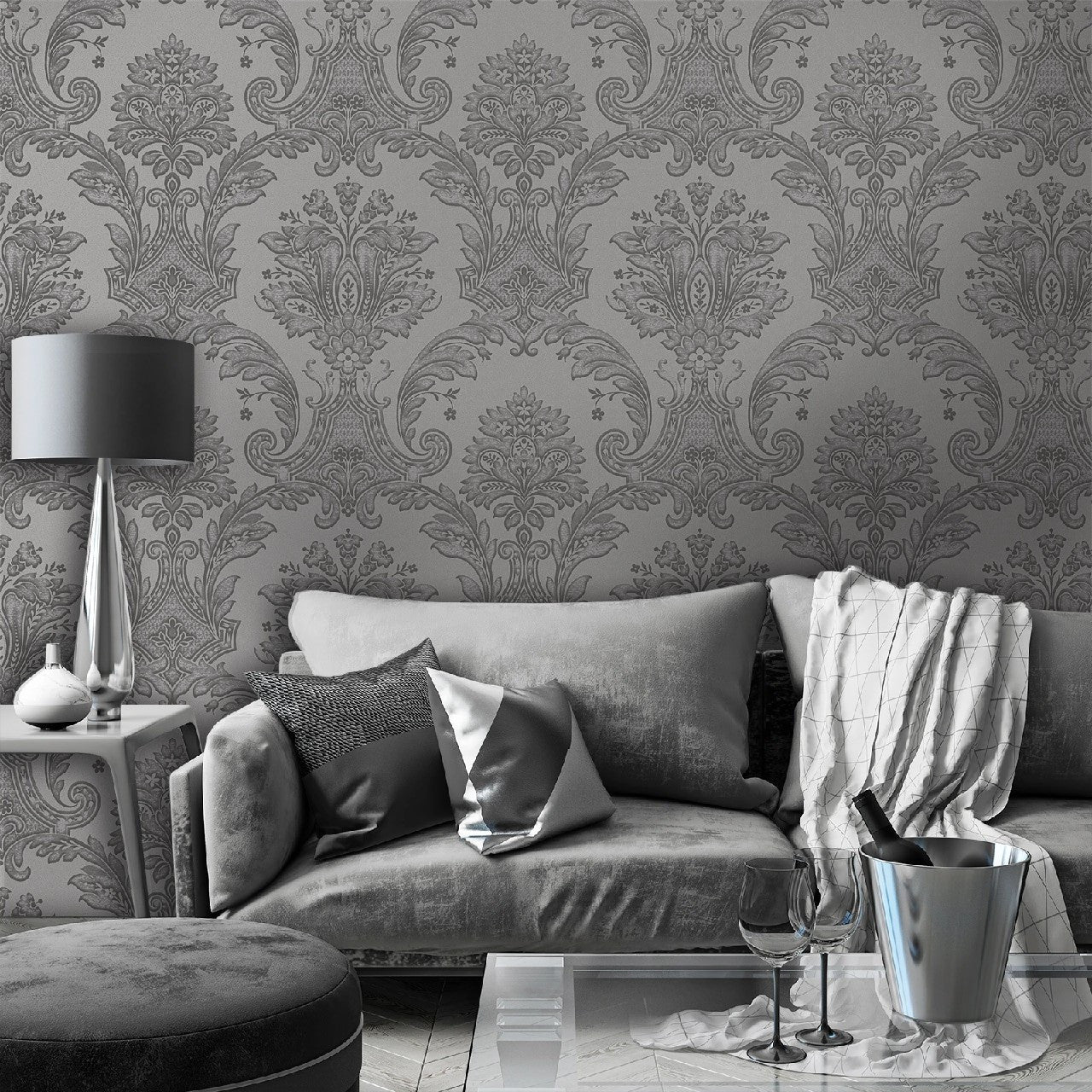 7372 Amara Gunmetal Damask Wallpaper By Belgravia
