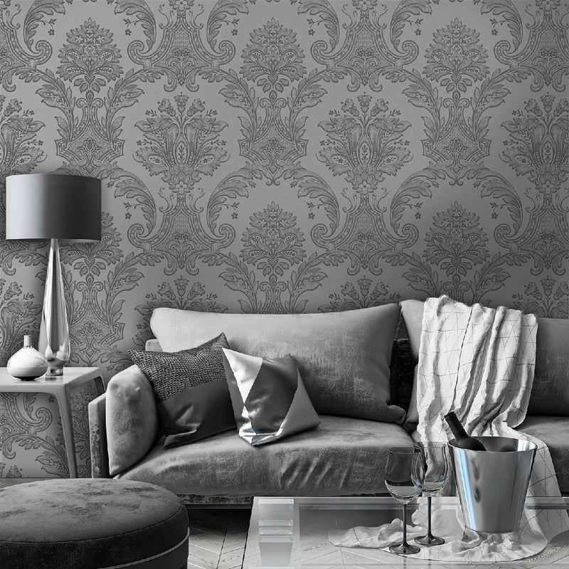 7372 Amara Gunmetal Damask Wallpaper By Belgravia