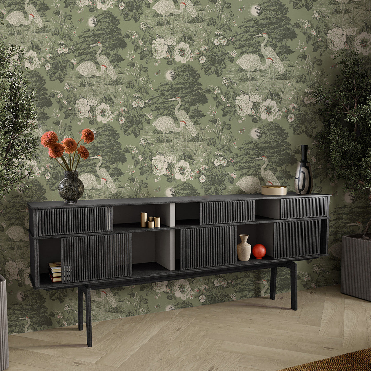 743 Izumi Crane Green Wallpaper by Belgravia