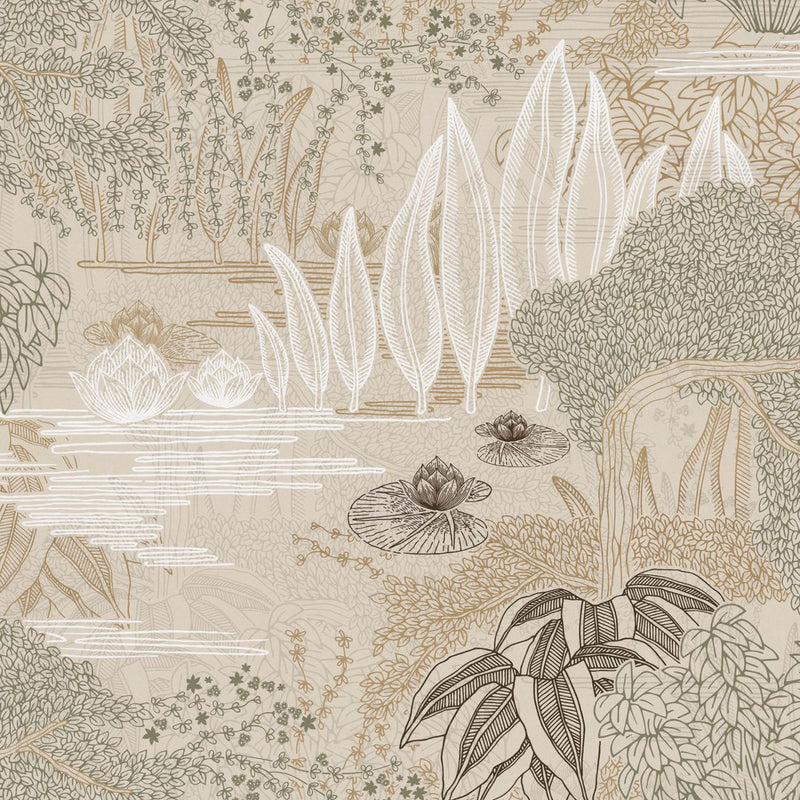 75680100 Jasmin Square Jasmin Grege and Vert Argile Wallpaper by Casamance