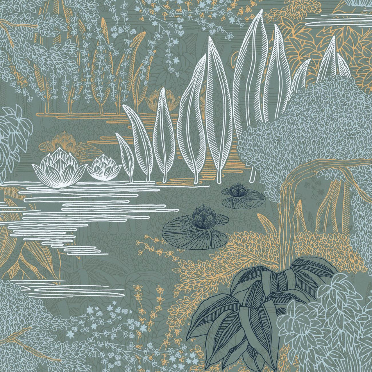 75680202 Jasmin Square Jasmin Vert De Gris and Dore Argile Wallpaper by Casamance