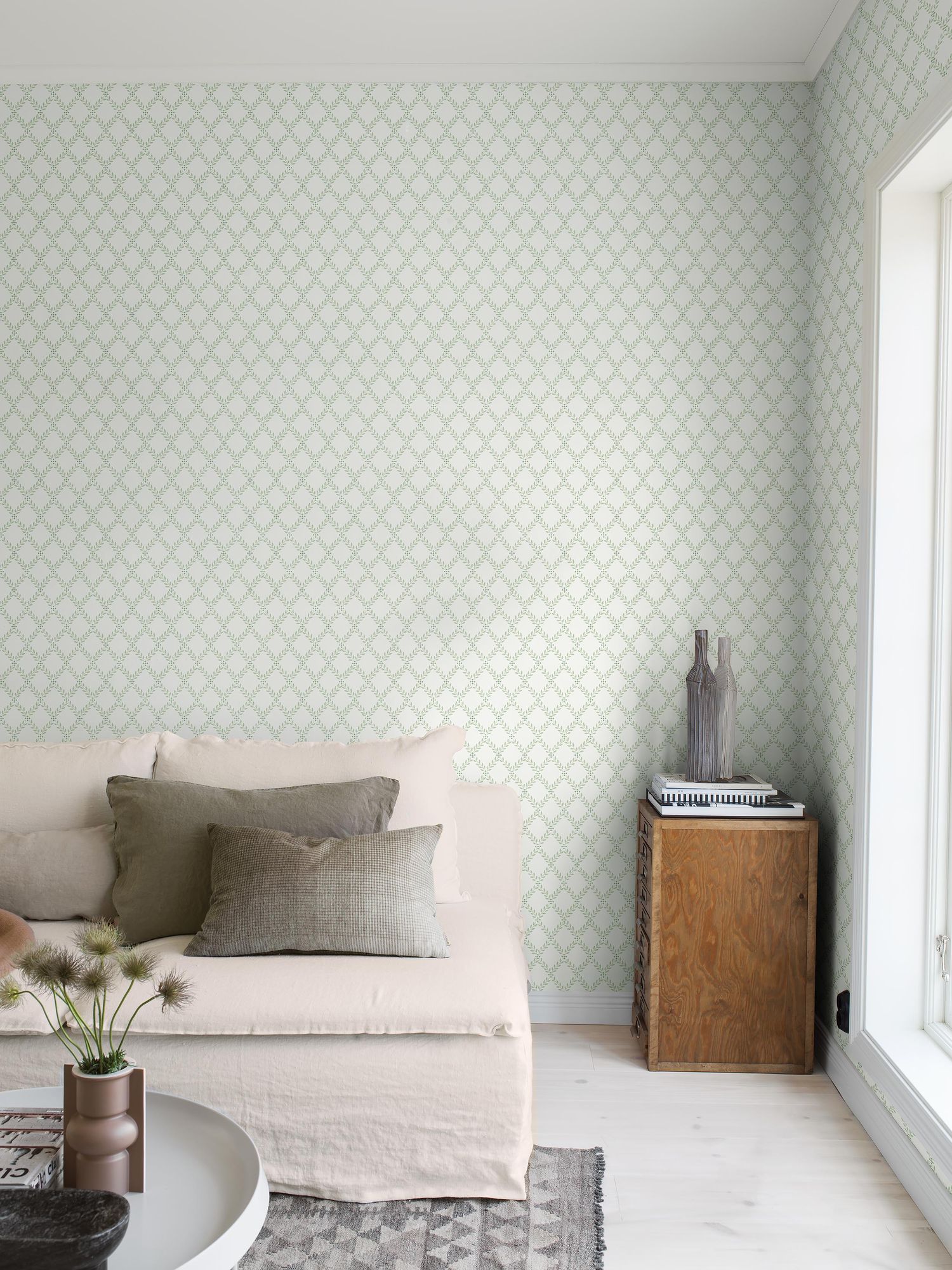 7671 Trellis Leaves Light Green and White Falsterbo III Wallpaper by Boråstapeter