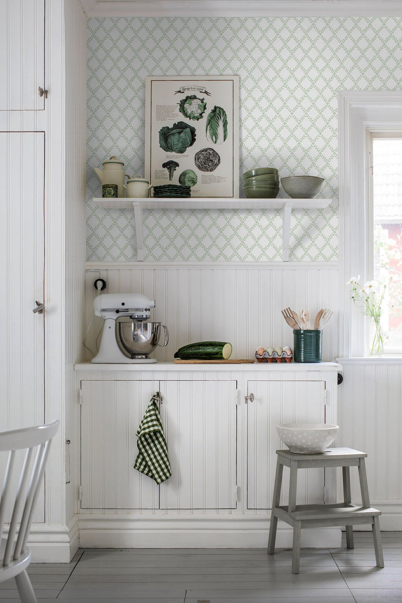 7671 Trellis Leaves Light Green and White Falsterbo III Wallpaper by Boråstapeter