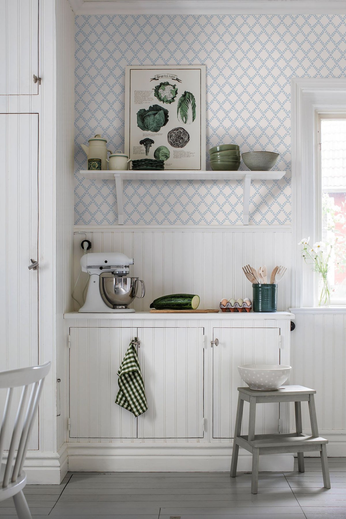 Trellis Leaves Light Blue and Grey Falsterbo III Wallpaper by Boråstapeter