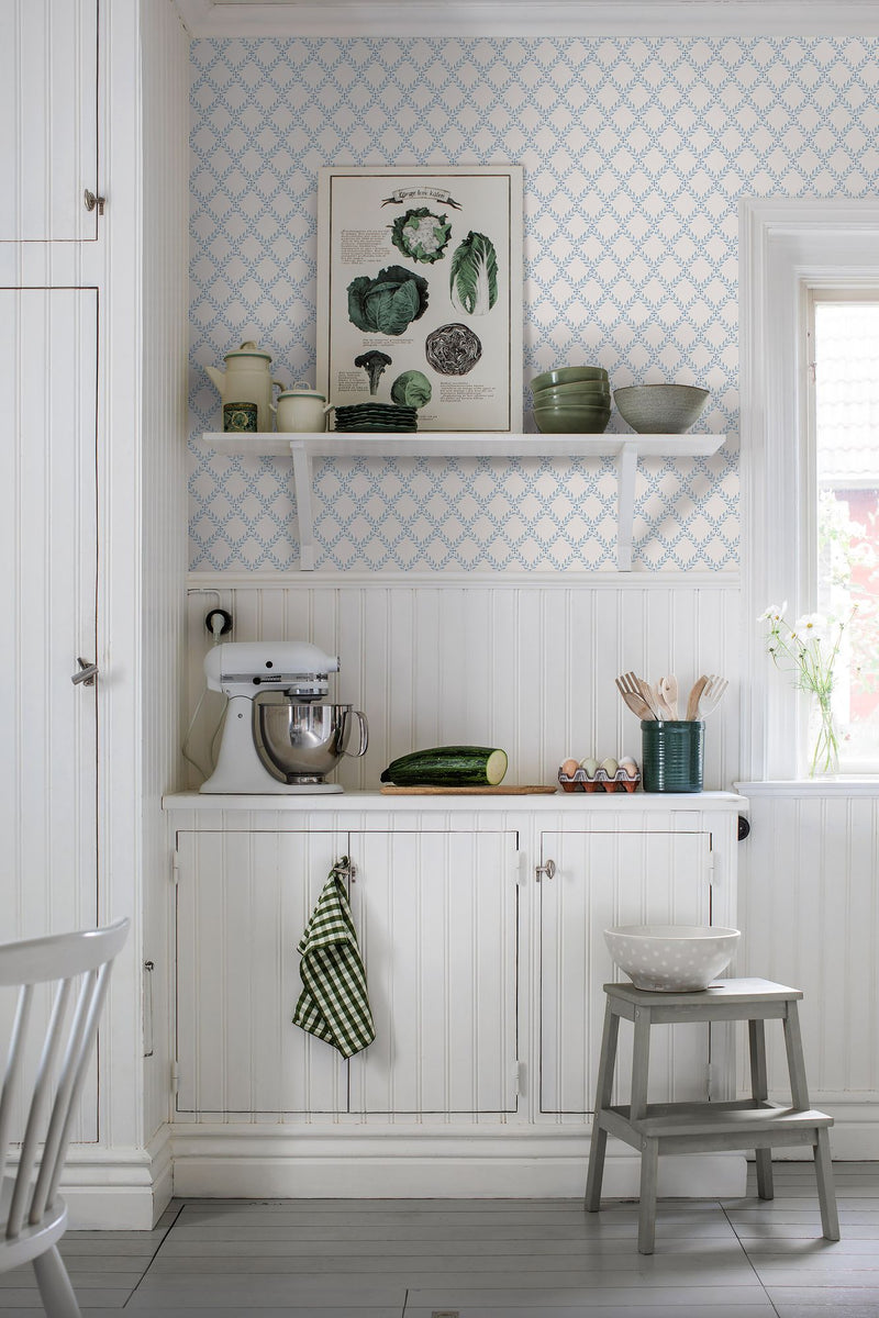 7672 Trellis Leaves Light Blue and Grey Falsterbo III Wallpaper by Boråstapeter