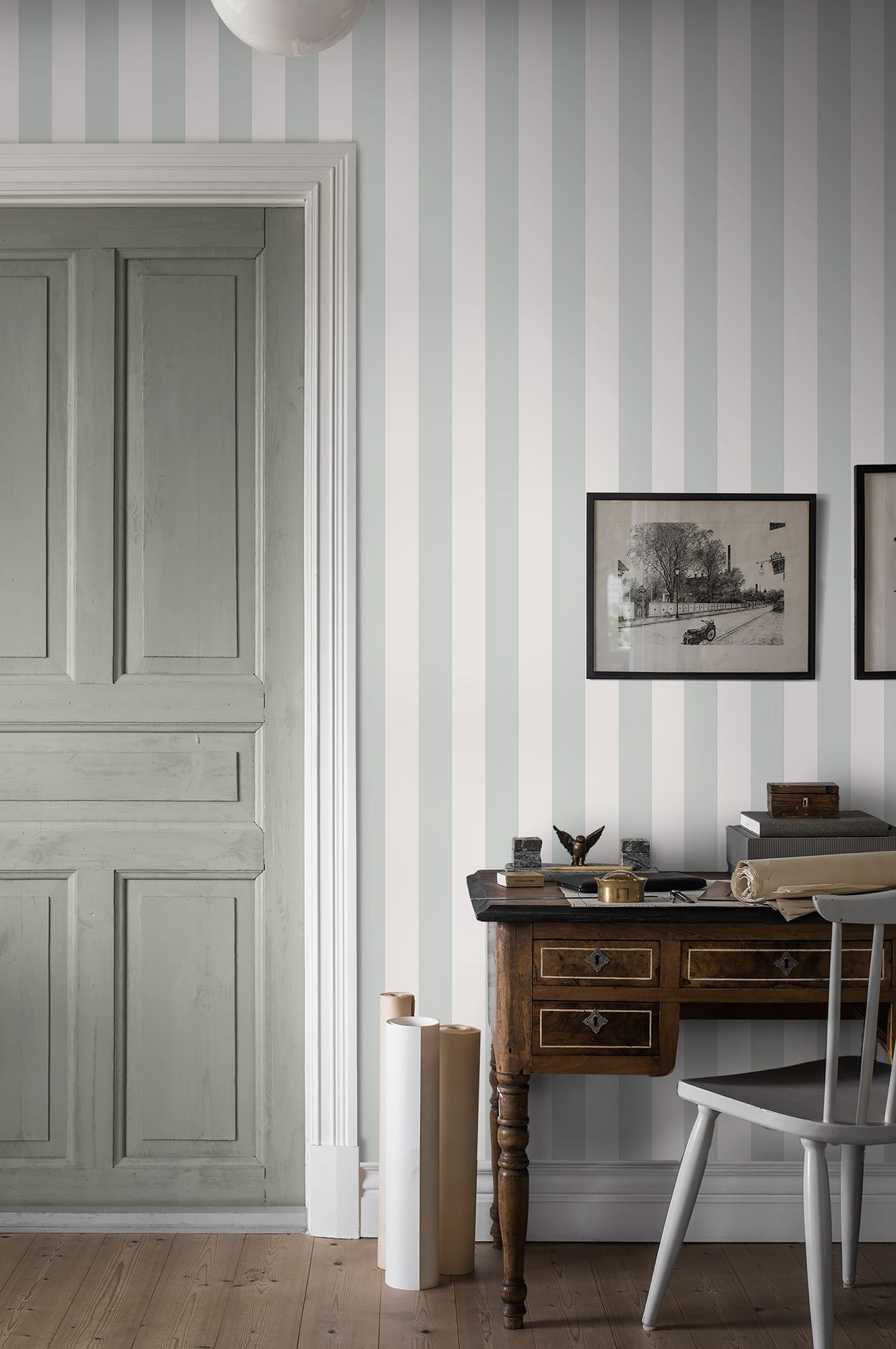 Falsterbo Stripe Light Green and Beige Falsterbo III Wallpaper by Boråstapeter