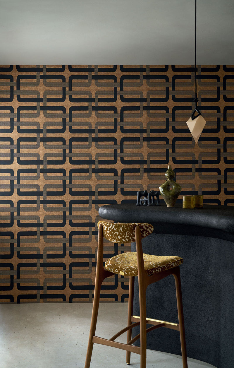 76933160 Matjara Noir/Doré Tressora Wallpaper by Casamance