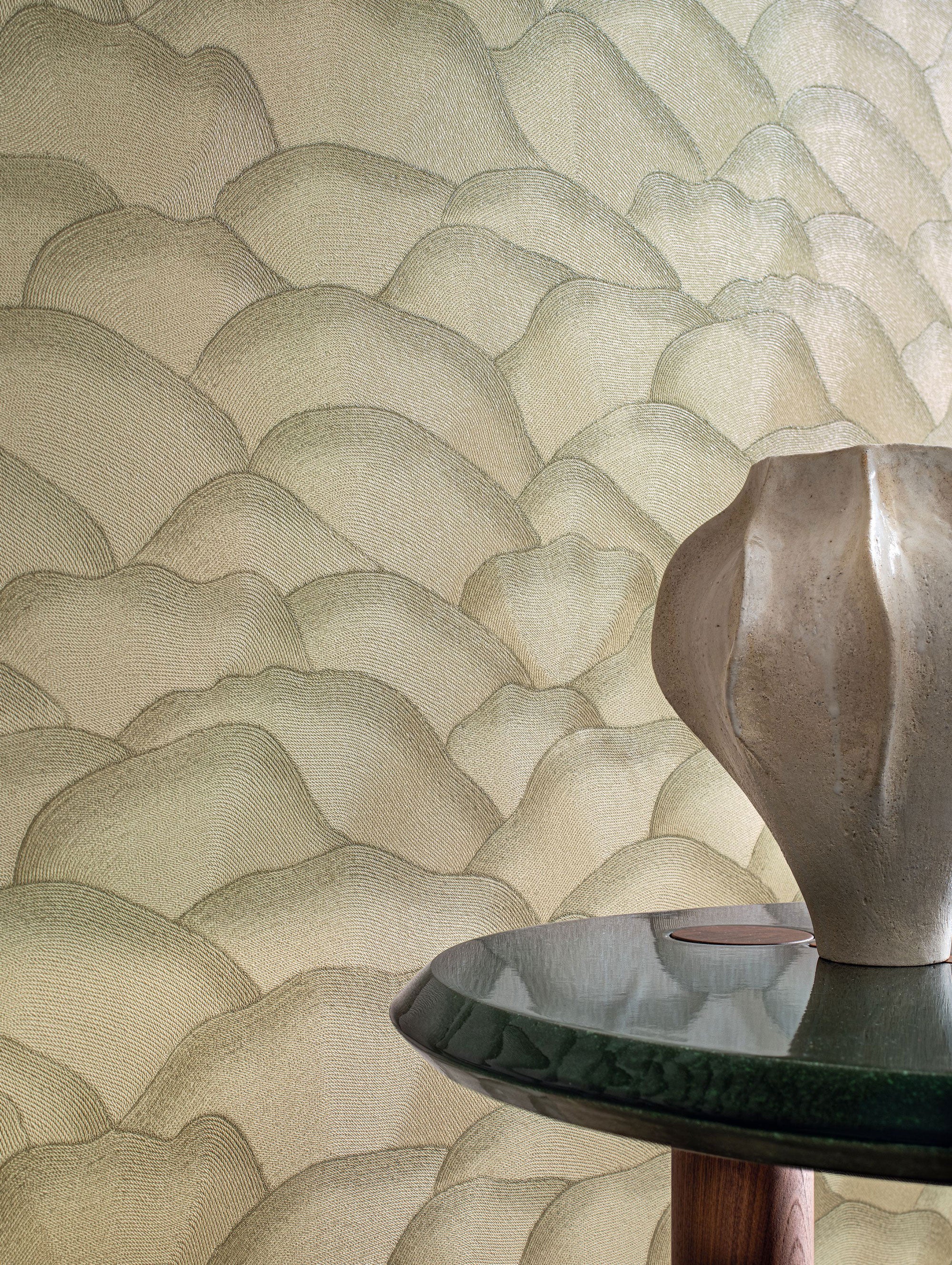 76971630 Ondula Kaki Broderies Wallpaper by Casamance