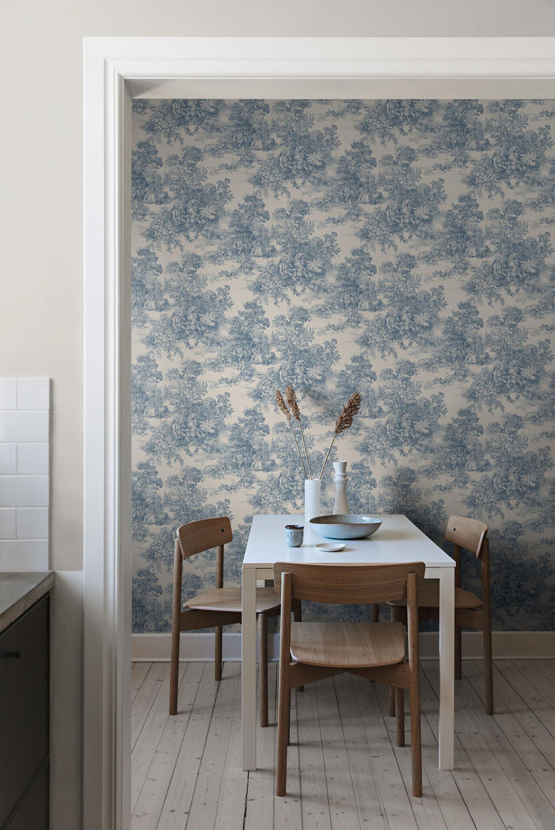 7767 Toile de Jouy Light Blue and Beige Adorn Wallpaper by Boråstapeter