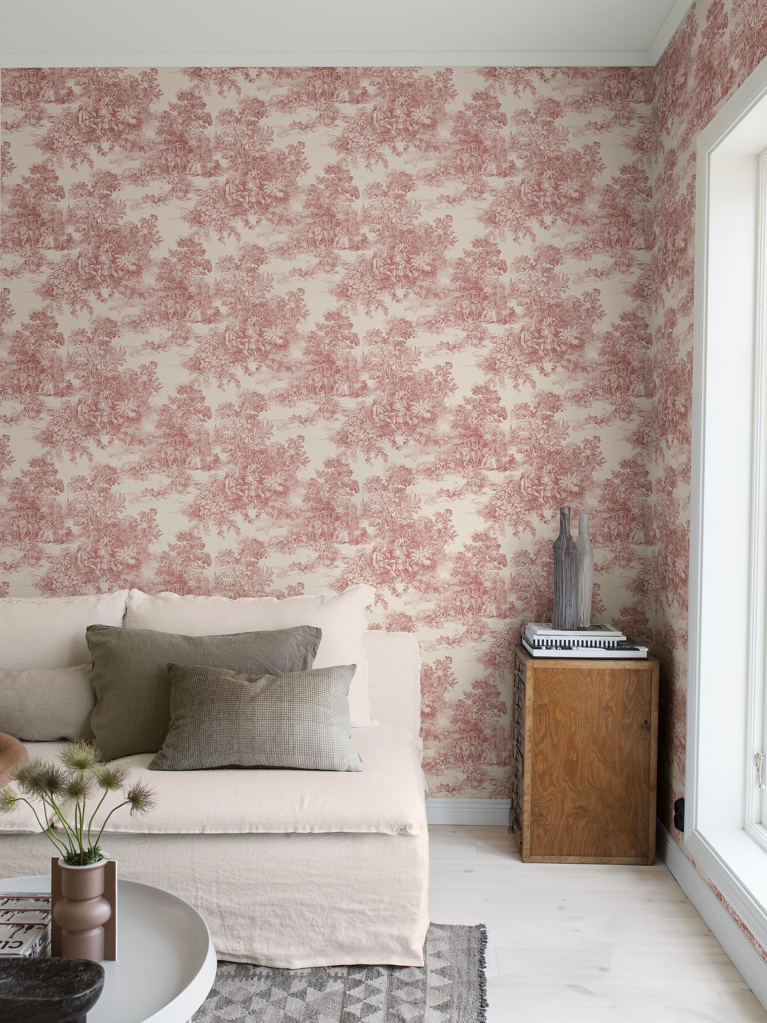 7768 Toile de Jouy Light Red and Beige Adorn Wallpaper by Boråstapeter