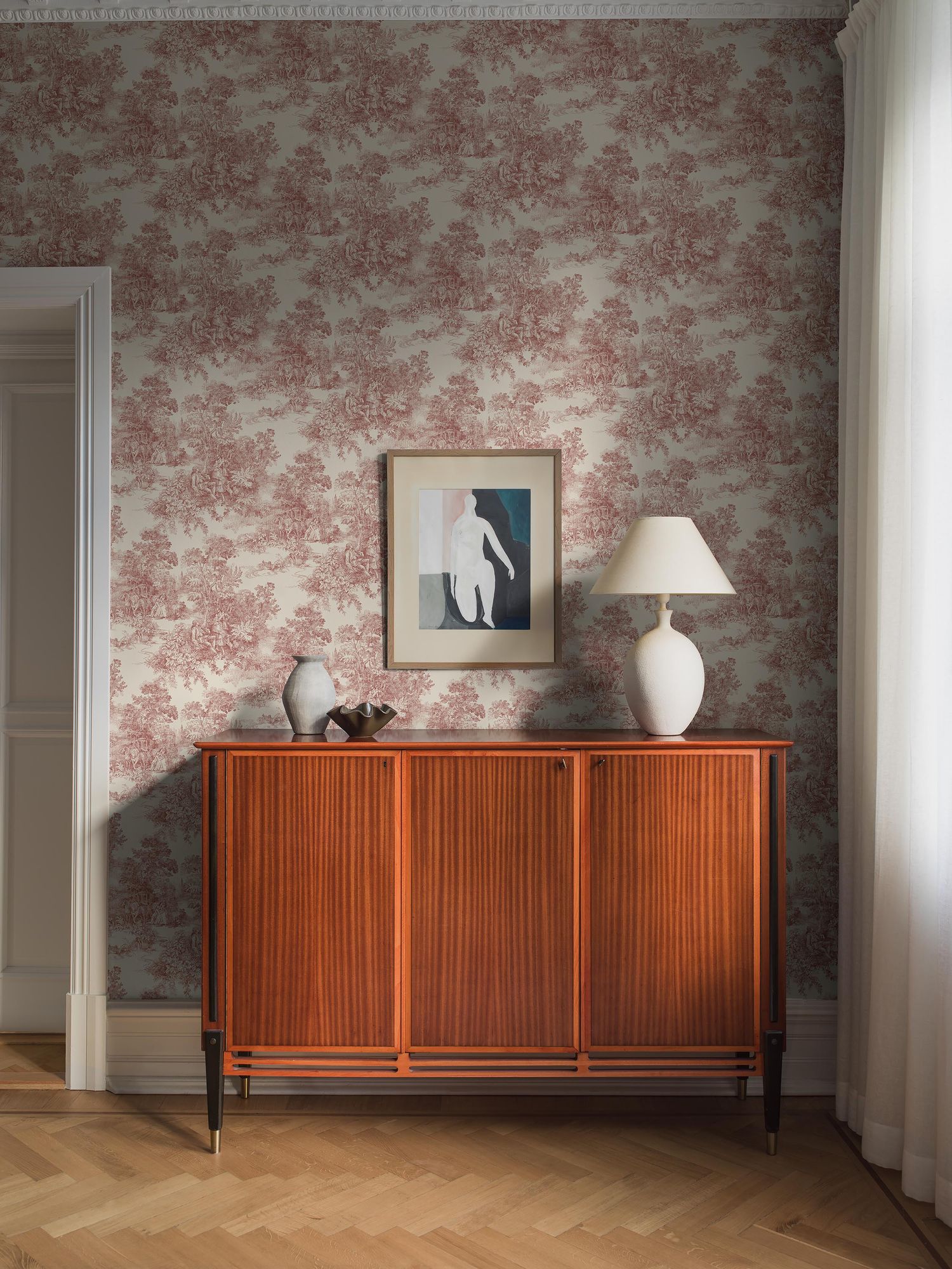 7768 Toile de Jouy Light Red and Beige Adorn Wallpaper by Boråstapeter