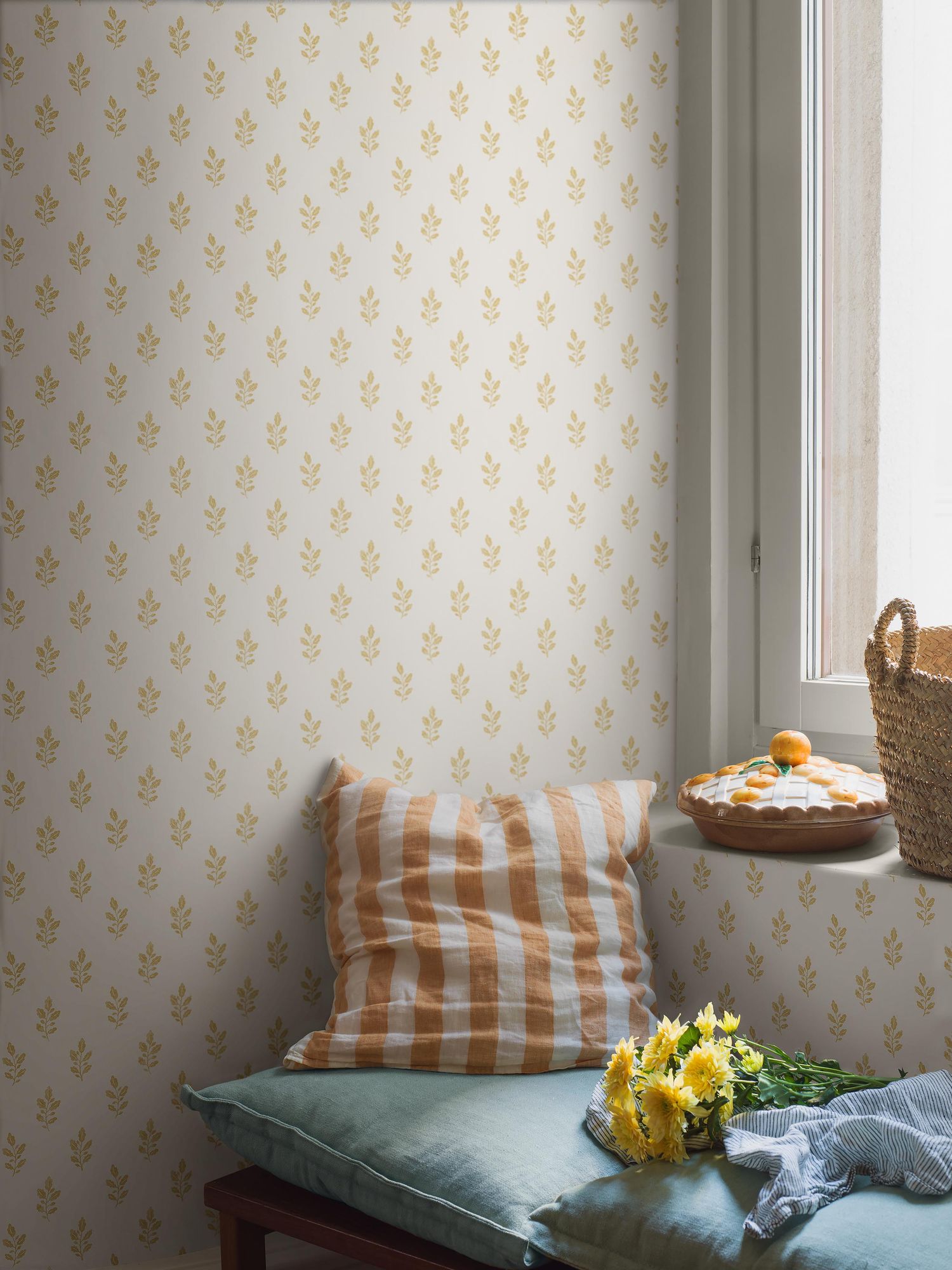 7774 Little Oak Light Yellow and White Adorn Wallpaper by Boråstapeter