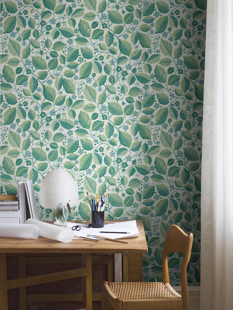 7784 Elm Tree Light Green and Blue Adorn Wallpaper by Boråstapeter