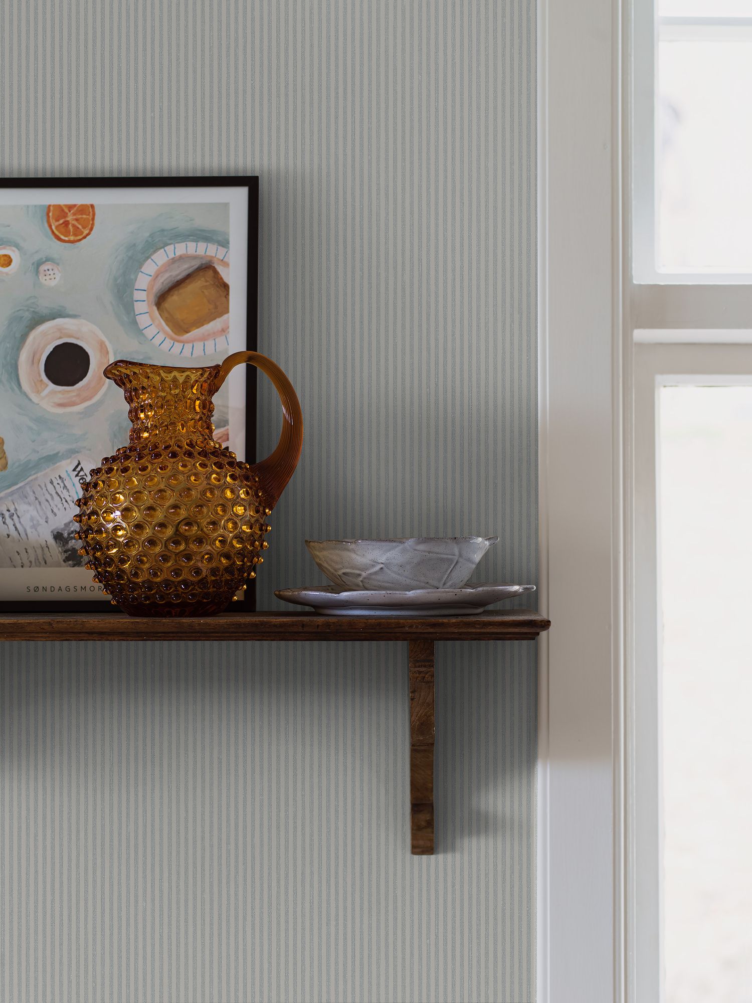 7863 Polka Stripe Light Blue and Beige Linen Wallpaper by Boråstapeter