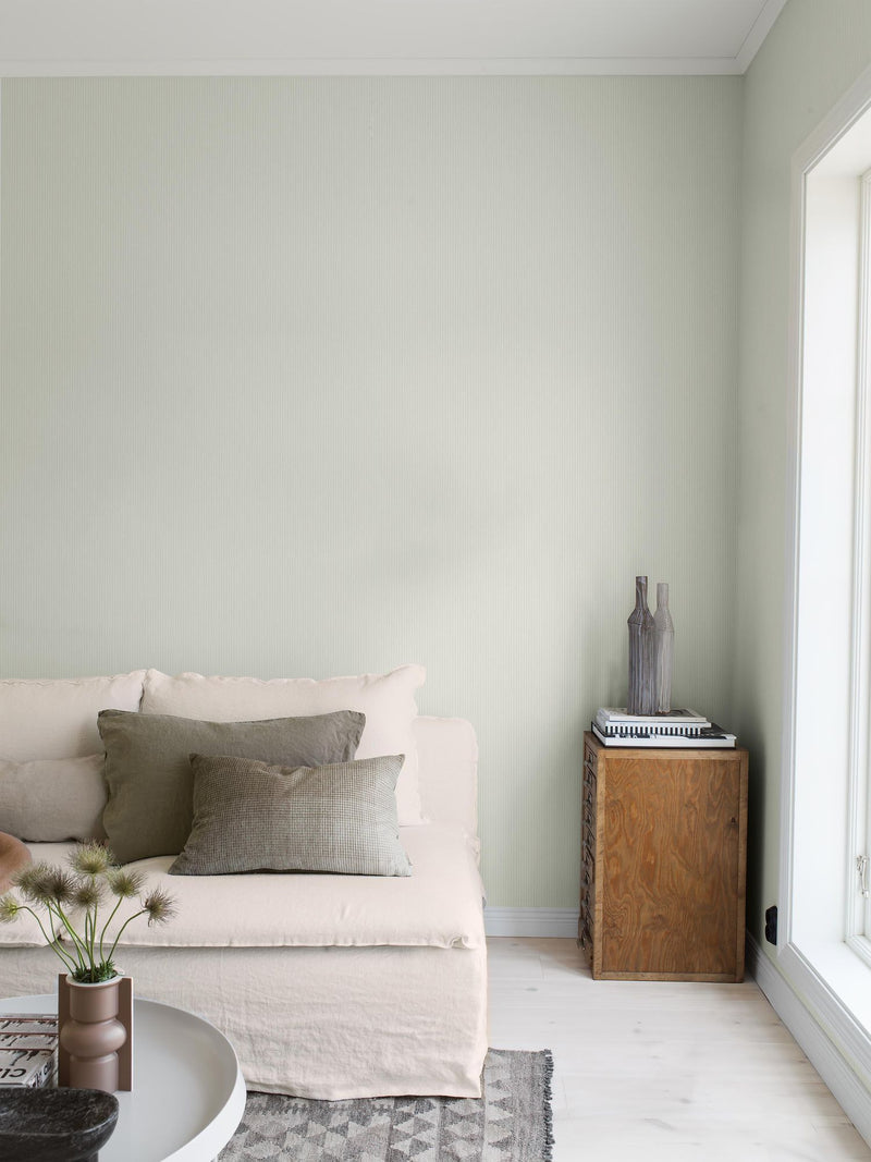 7864 Polka Stripe Light Green and White Linen Wallpaper by Boråstapeter