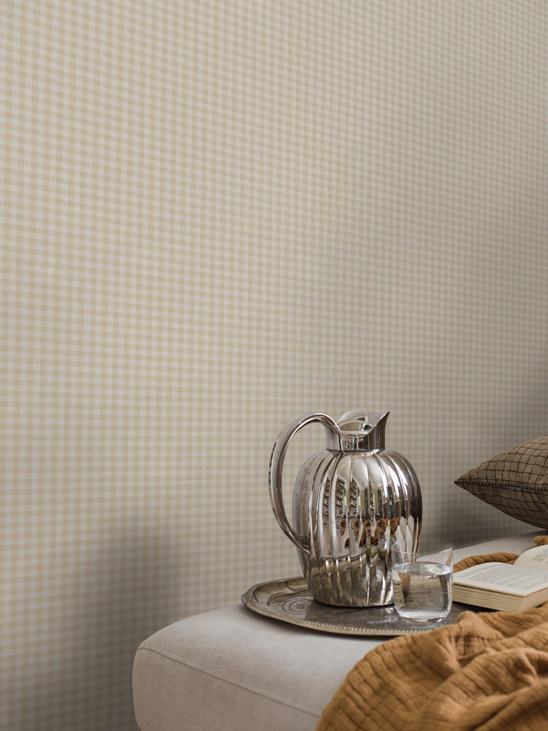 7867 Picnic Check Light Beige and White Linen Wallpaper by Boråstapeter