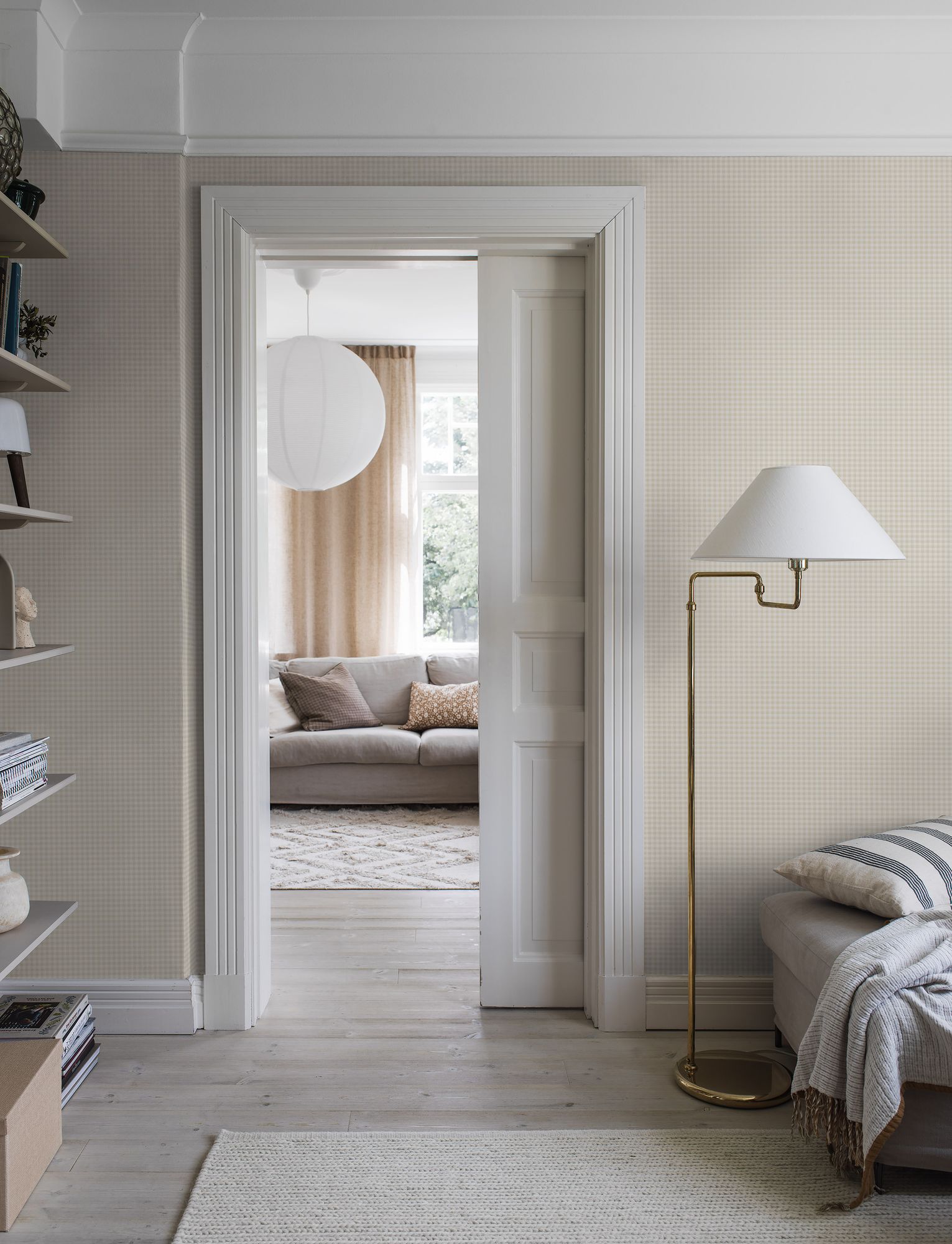 7867 Picnic Check Light Beige and White Linen Wallpaper by Boråstapeter
