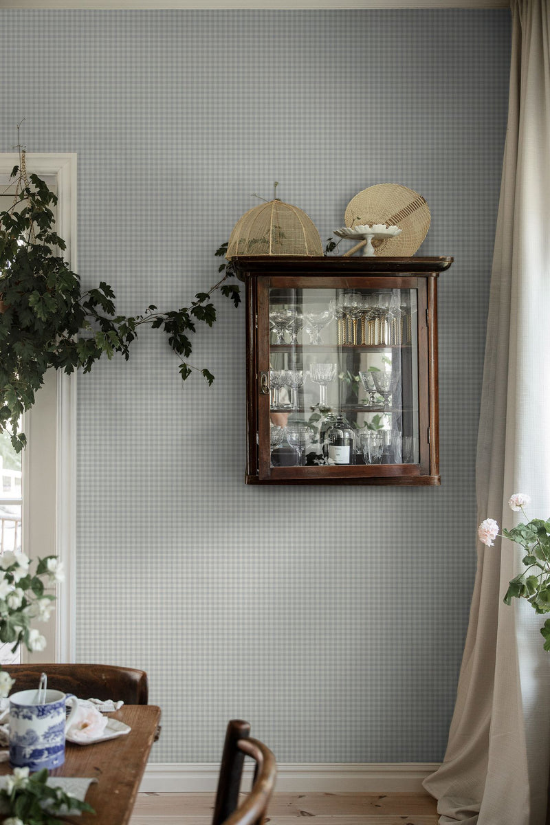 7868 Picnic Check Light Blue and White Linen Wallpaper by Boråstapeter