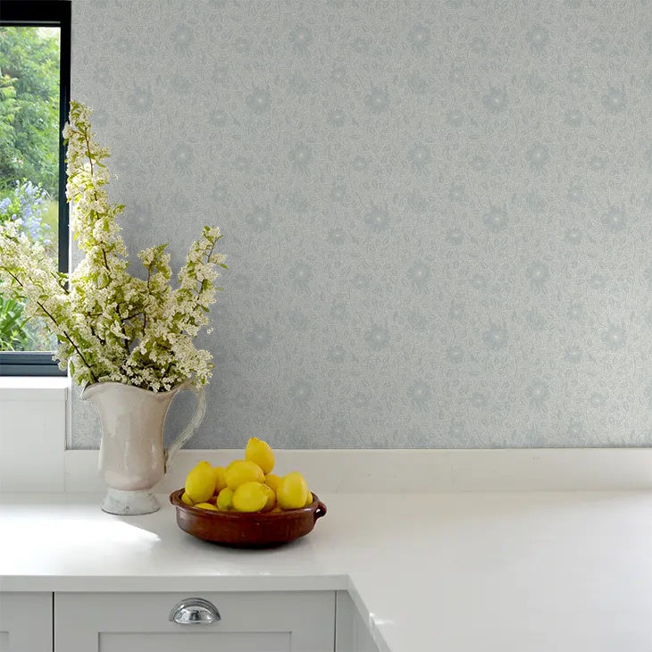814-56 Misty Blue Anton Trädgården Wallpaper by Sandberg
