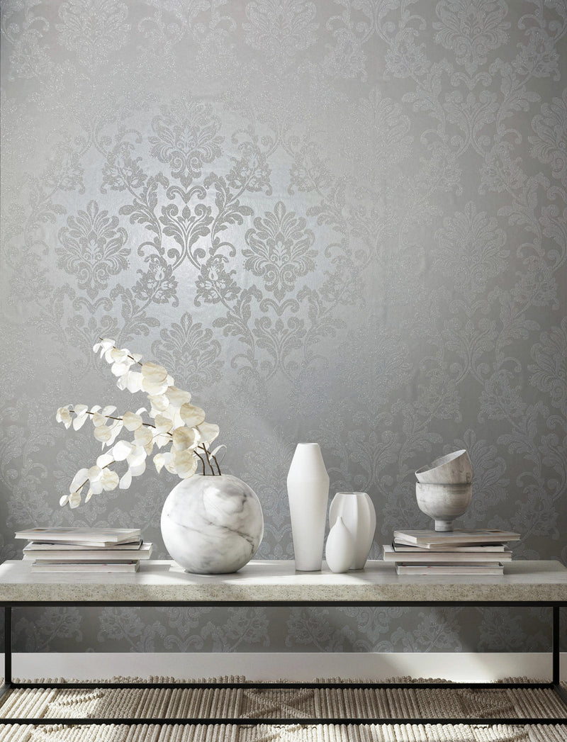 82091 Grey Damask Wallpaper Industrial Effects By Galerie