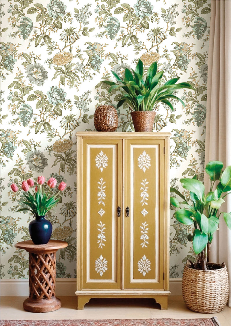 Oriente Garden Light Blue Gray Blooming Garden Wallpaper by Galerie