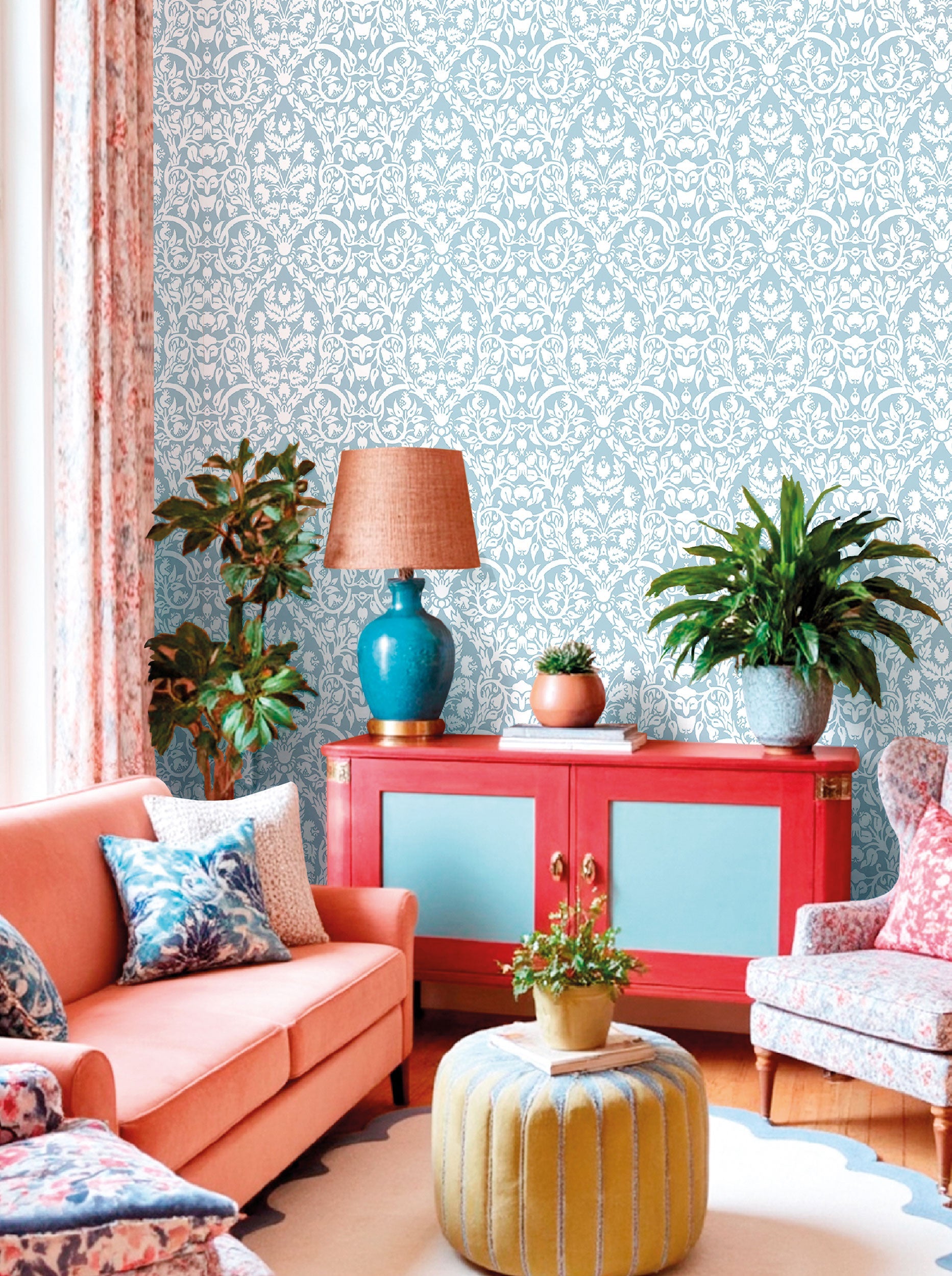Damasco Garden Blue Blooming Garden Wallpaper by Galerie