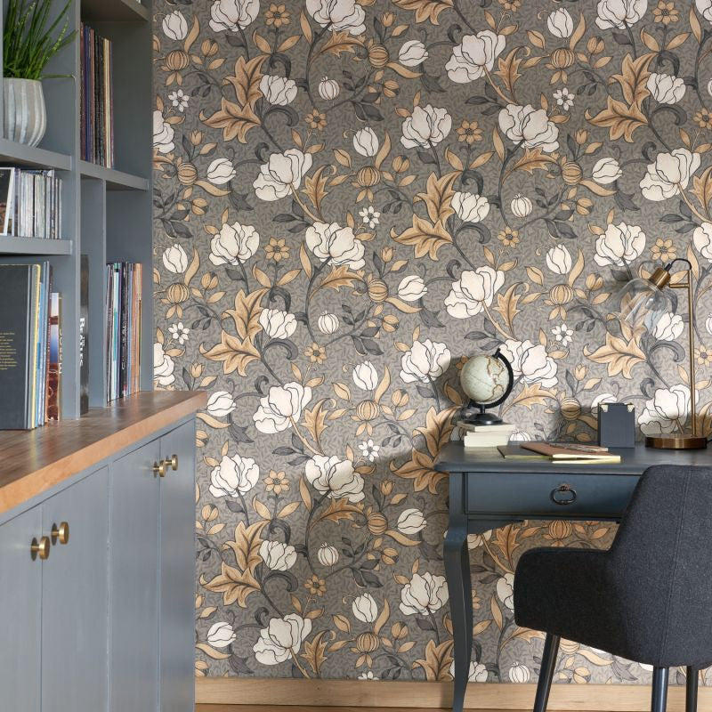86341424 Isabella Arts and Crafts Taupe Fonce Wallpaper by Casadeco