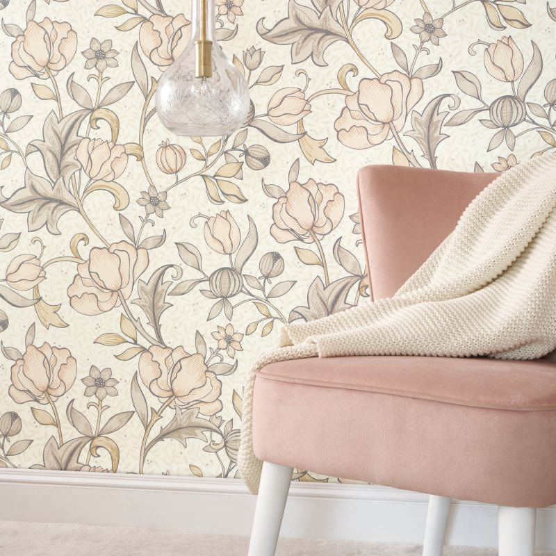 86344120 Isabella Arts and Crafts Rose Poudre Wallpaper by Casadeco