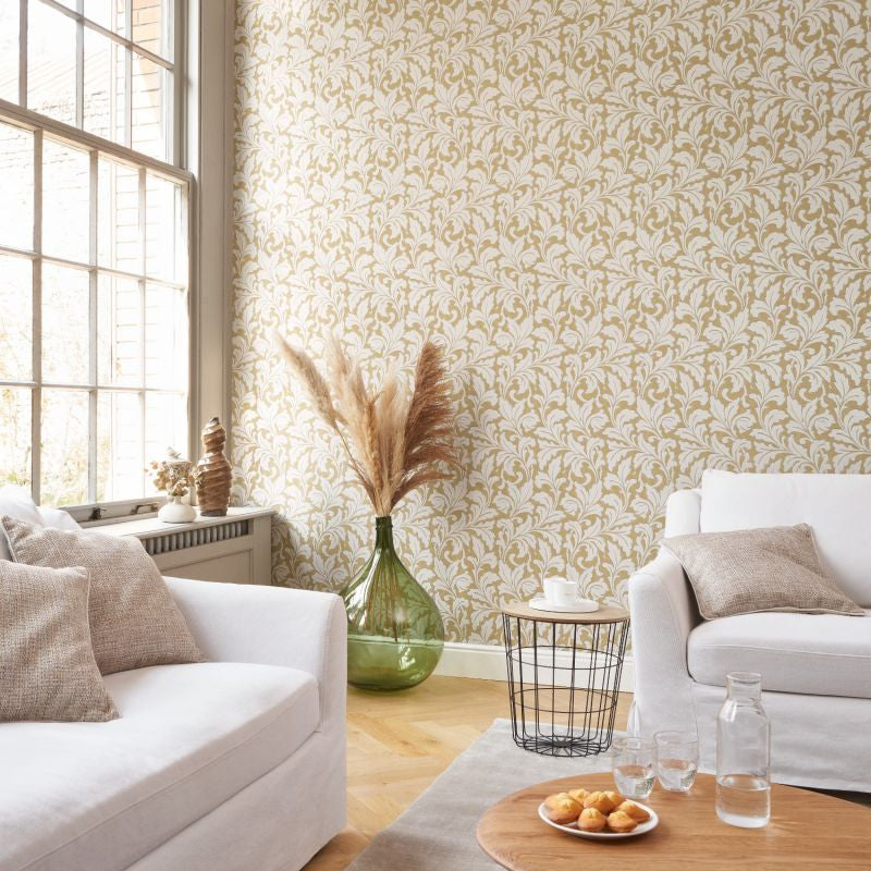 86361206 Acanthe Arts and Crafts Beige Camel Wallpaper by Casadeco