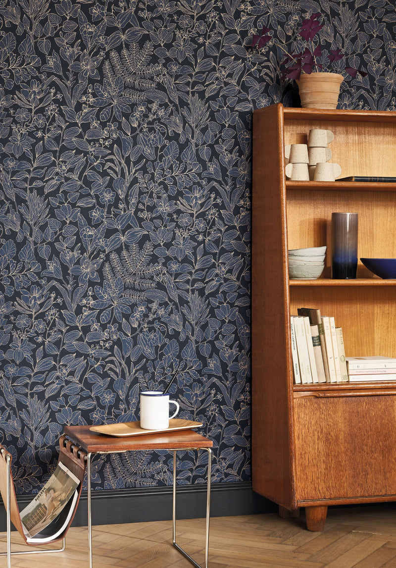 Esquisse Bleu Encre Gardens Wallpaper by Casadeco