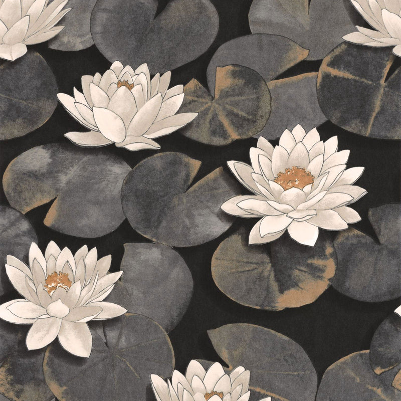Nymphea Noir Fusain Gardens Wallpaper by Casadeco