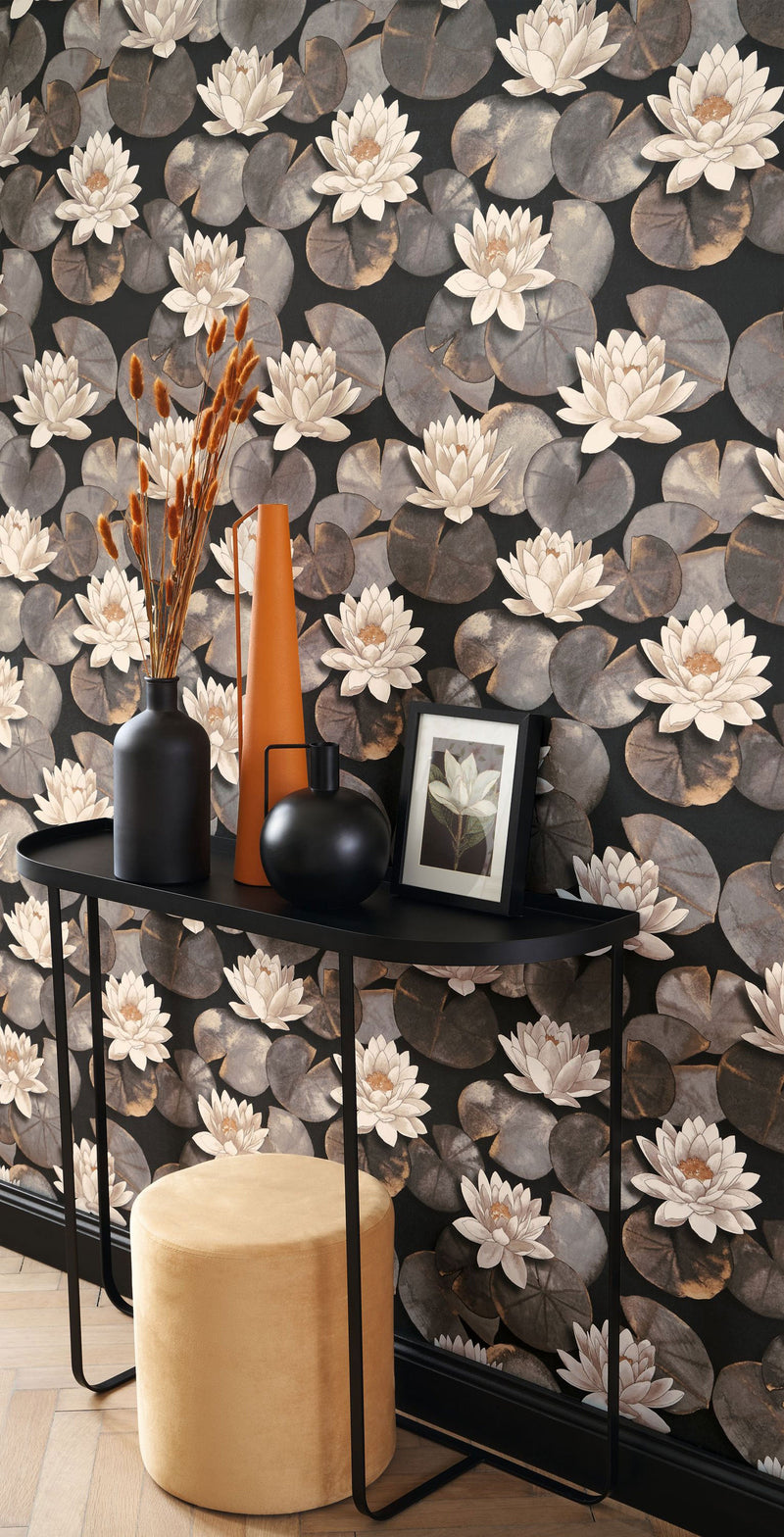 Nymphea Noir Fusain Gardens Wallpaper by Casadeco