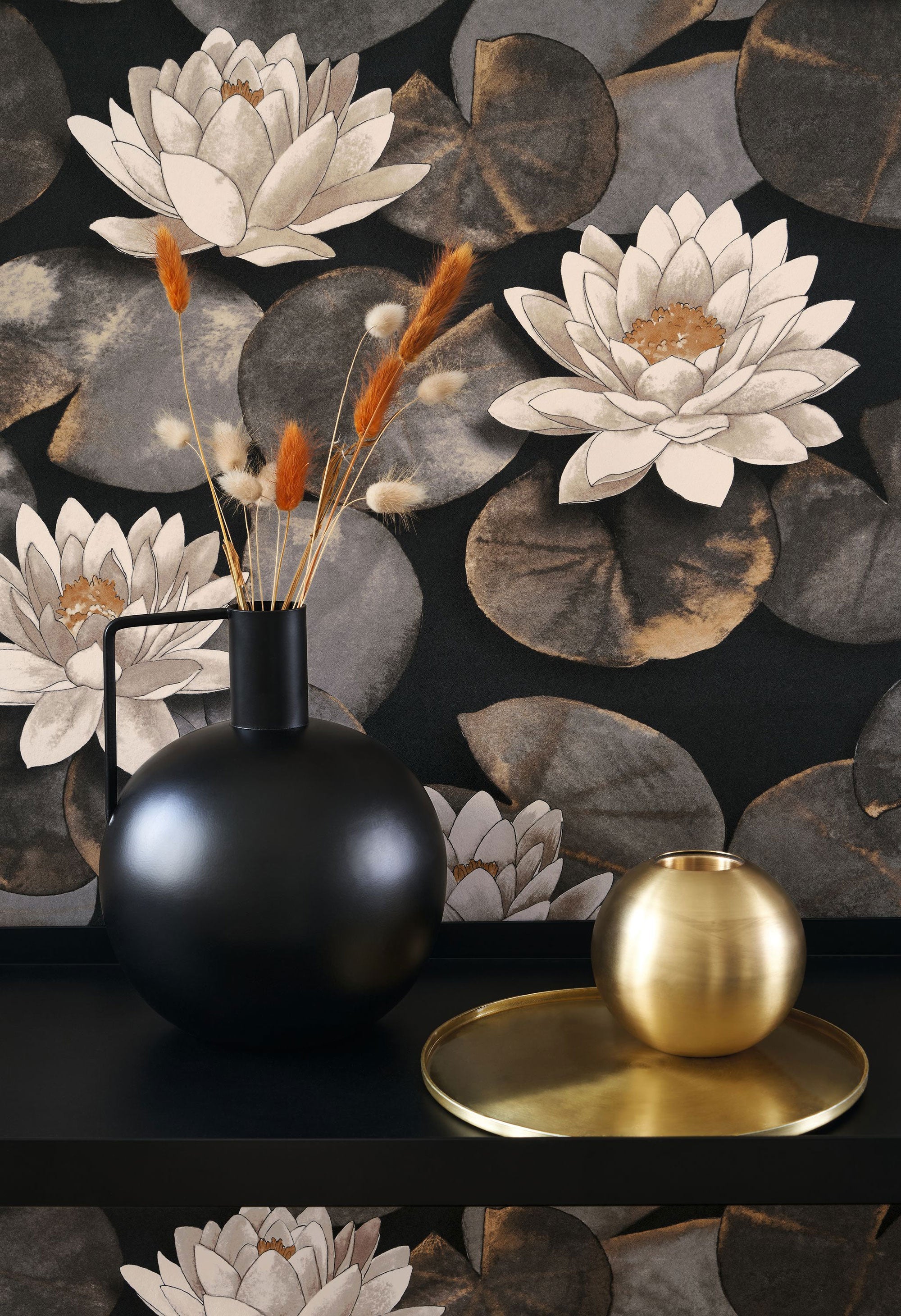 Nymphea Noir Fusain Gardens Wallpaper by Casadeco