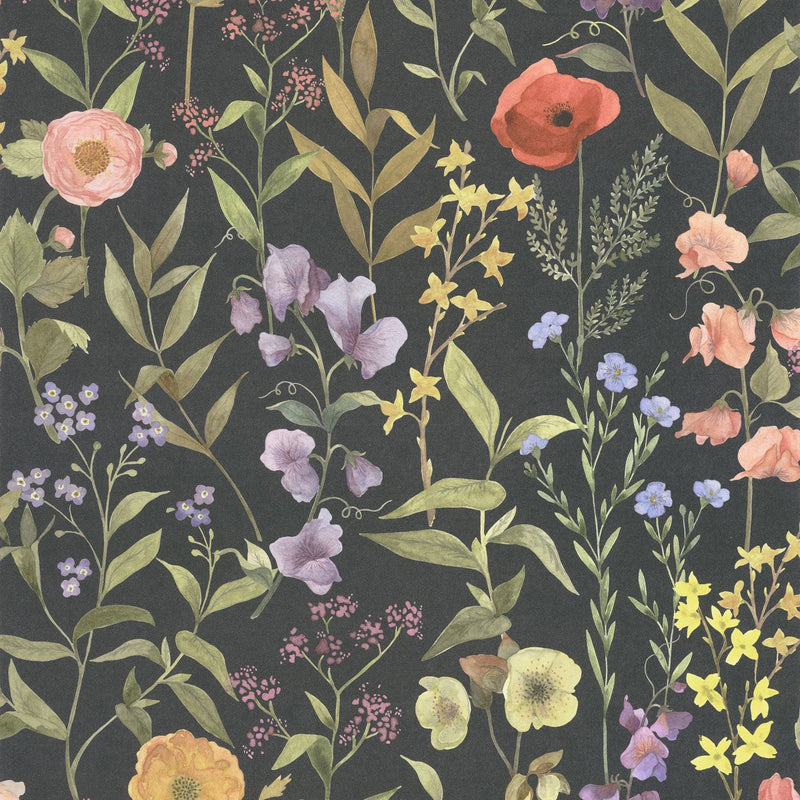 Fleurs Des Champs Noir Fusain Gardens Wallpaper by Casadeco